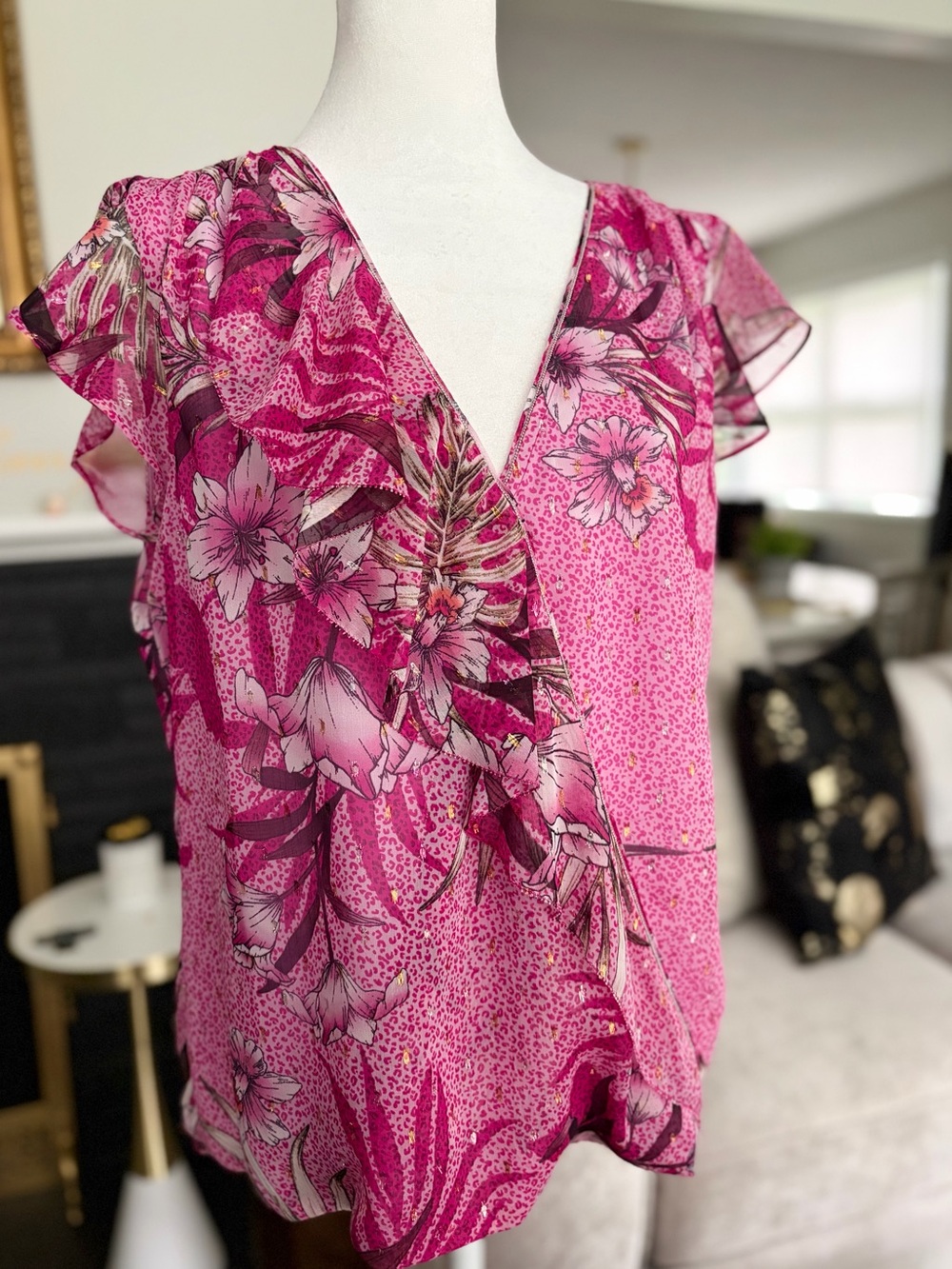 NWT WHBM Pink and Metallic Gold Floral Ruffle Faux Wrap Blouse